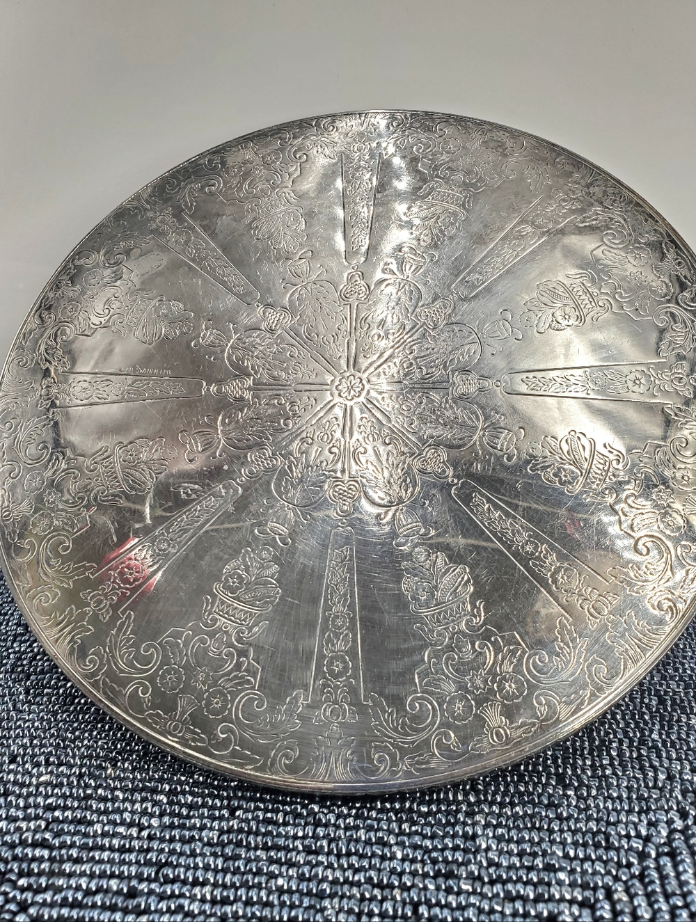 Vintage GAB Sweden Silver Plate Round Floral Etched 7.5" Hot Pad Trivet (C39)
